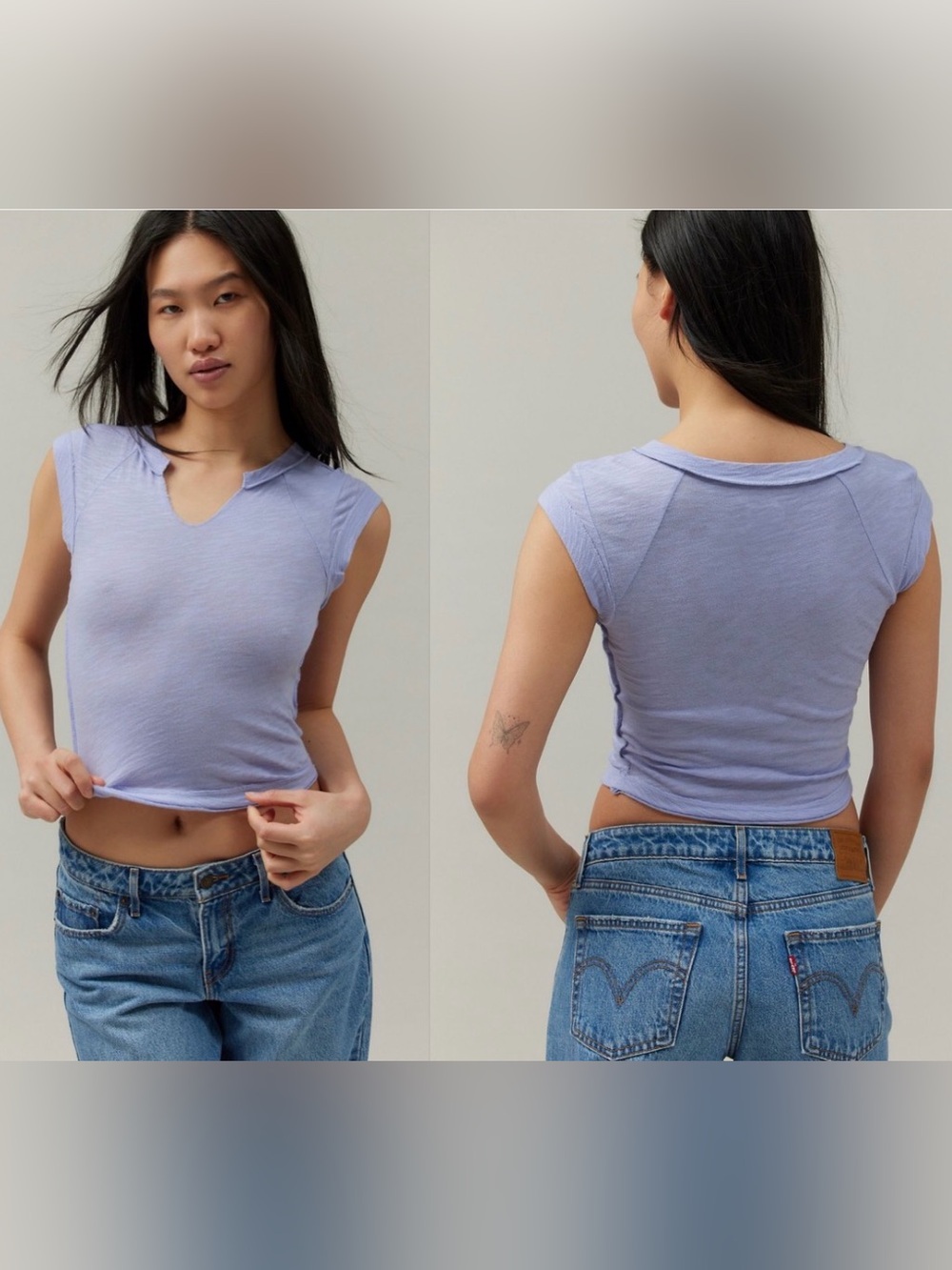 Urban Outfitters Lilac Cap-Sleeve Notch-Neck Crop Top